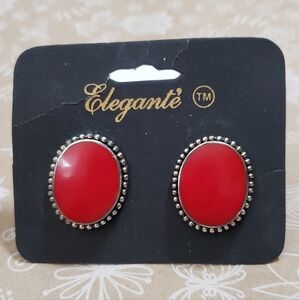 Elegante' Vintage Clip Earrings**Red Ovals In Silver**NOS**Style 1260/E